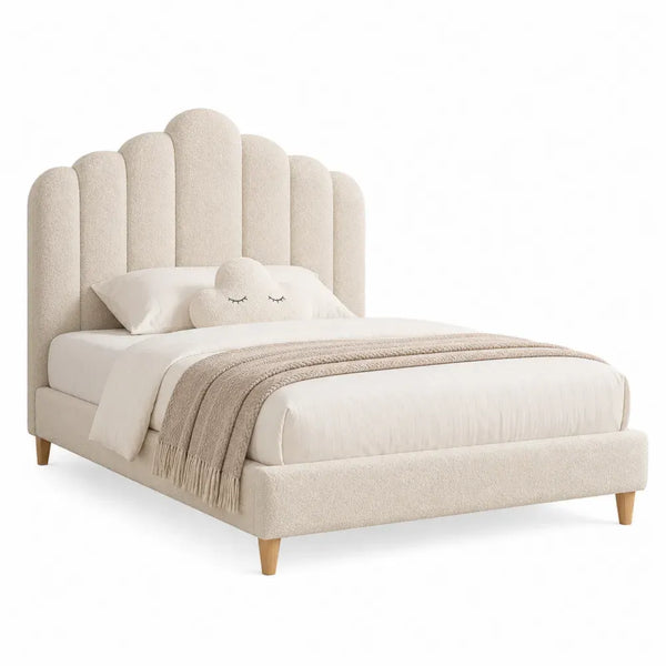 Cama tapizada de bouclé beige con cabecero ondulado estructura de madera con somier de láminas 160x200 cm 215 cm largo 170 cm ancho 120 cm alto