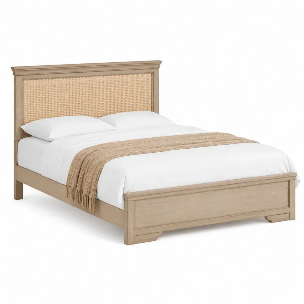 Cama de madera con cabecero de ratán natural estructura de madera maciza con somier de listones Color madera natural 160x200 cm 210 cm largo 170 cm ancho 110 cm alto