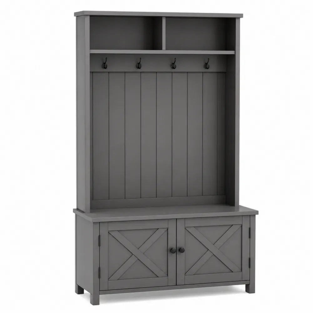 Mueble de entrada rectangular con perchero banco armario inferior MDF gris y ganchos metálicos 100 cm x 40 cm x 180 cm
