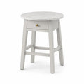 Mesita de noche redonda con cajón superficie efecto mármol MDF patas de madera maciza Color blanco grisáceo 45 cm diámetro 55 cm alto