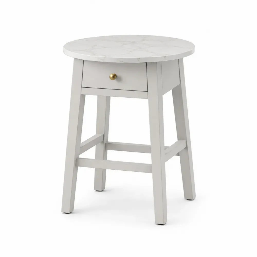 Mesita de noche redonda con cajón superficie efecto mármol MDF patas de madera maciza Color blanco grisáceo 45 cm diámetro 55 cm alto