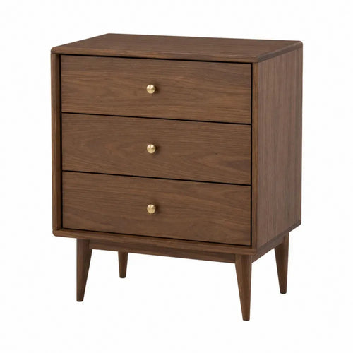 Mesita de noche rectangular con 3 cajones MDF efecto nogal marrón y tiradores dorados 50 x 40 x 65 cm