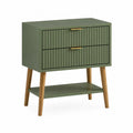 Mesita de noche MDF dos cajones estante inferior verde oliva patas madera maciza hevea 50 cm x 40 cm x 55 cm