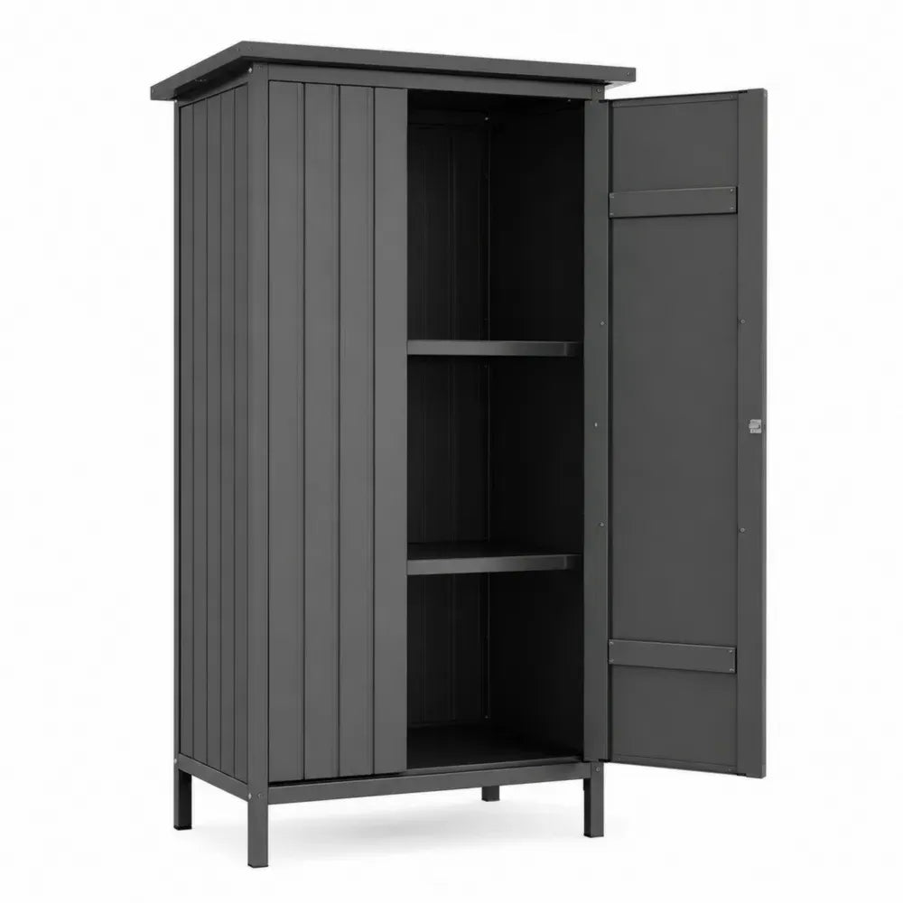 Armario de almacenamiento exterior de acero gris oscuro con estantes interiores y puerta frontal 80 x 45 x 170 cm