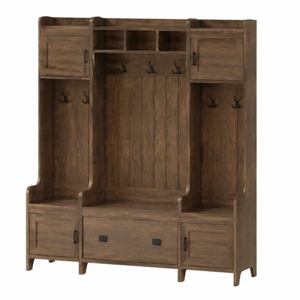 Mueble de entrada con perchero banco y armarios de almacenamiento MDF madera oscura 120 cm x 40 cm x 180 cm con ganchos metálicos