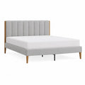 Cama tapizada con cabecero acolchado en tejido gris claro estructura de madera con patas de madera 160x200 cm