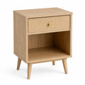 Mesita de noche rectangular con cajón de ratán y estante abierto MDF roble claro dorado 45 x 35 x 60 cm