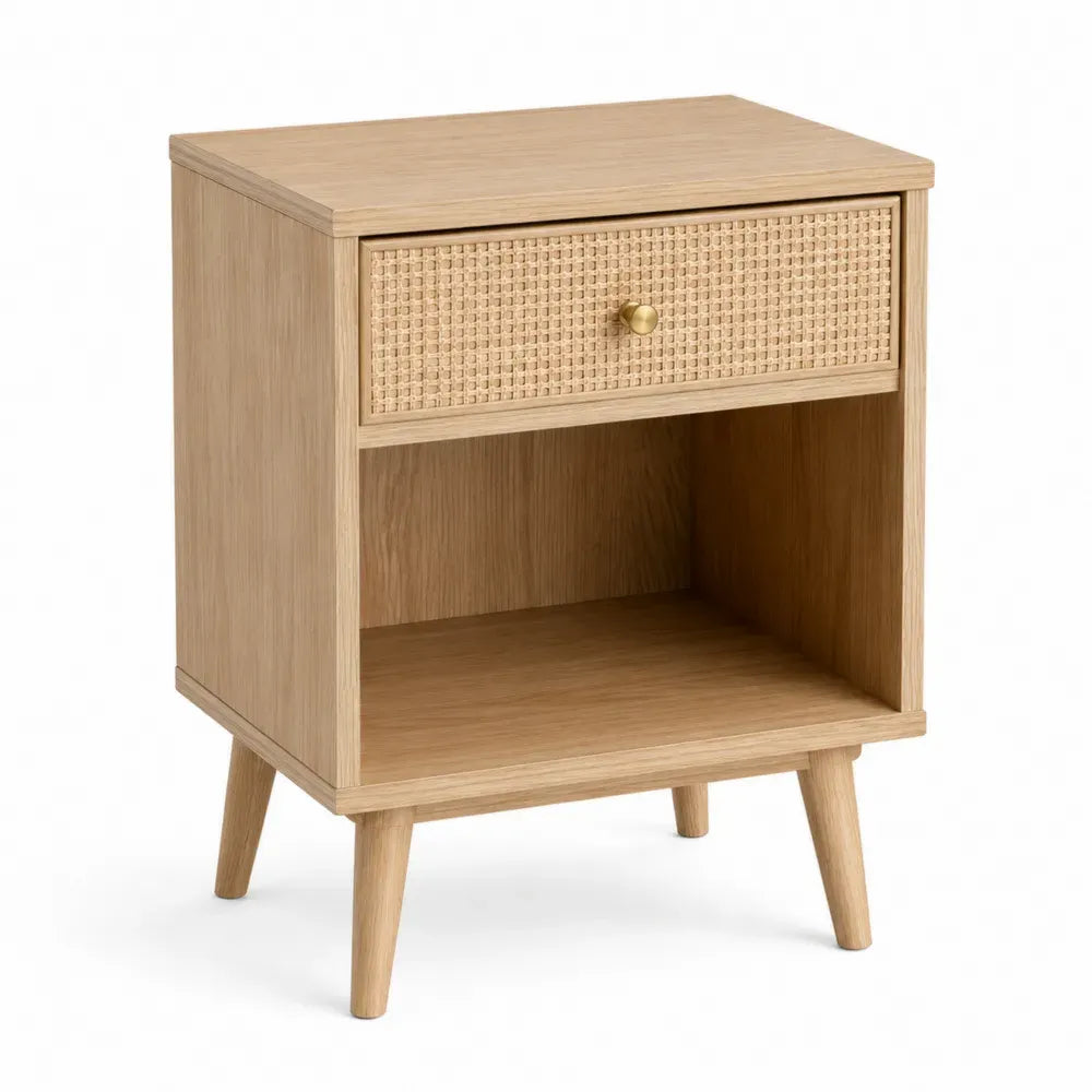 Mesita de noche rectangular con cajón de ratán y estante abierto MDF roble claro dorado 45 x 35 x 60 cm