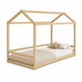 Cama infantil tipo casa rectangular de madera de pino natural con barandillas 90 x 200 cm