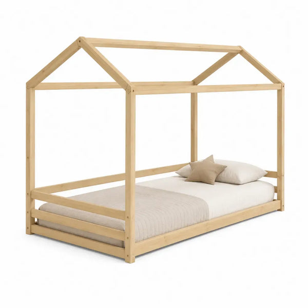Cama infantil tipo casa rectangular de madera de pino natural con barandillas 90 x 200 cm