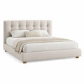 Cama tapizada rectangular con cabecero capitoné tejido de poliéster beige MDF y madera 160 x 200 cm