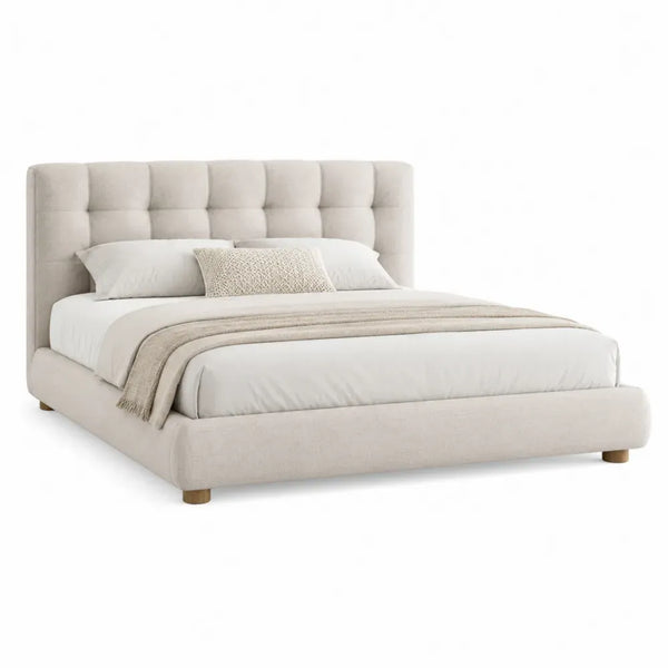 Cama tapizada rectangular con cabecero capitoné tejido de poliéster beige MDF y madera 160 x 200 cm